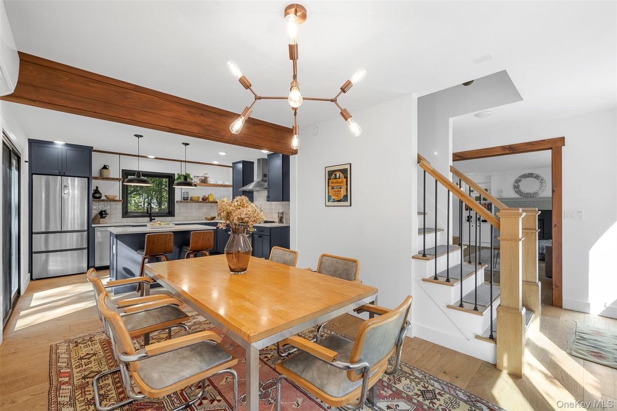 Dining room, Interior, Kitchen, Pendant Lights, Recessed Lighting, Stainless Steel Appliances, Wood Texture Flooring
