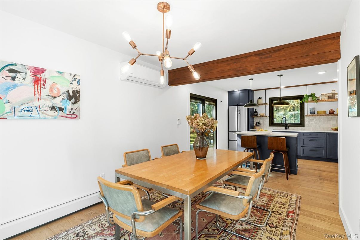 Dining room, Interior, Kitchen, Pendant Lights, Recessed Lighting, Wood Texture Flooring