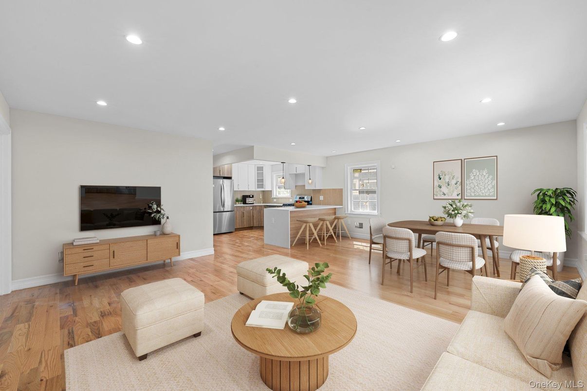 Dining room, Interior, Kitchen, Living room, Recessed Lighting, Stainless Steel Appliances, Wood Texture Flooring