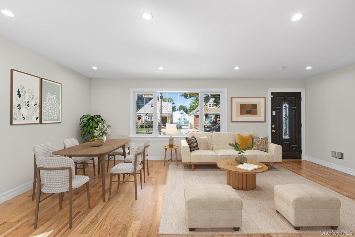 Dining room, Interior, Living room, Recessed Lighting, Wood Texture Flooring