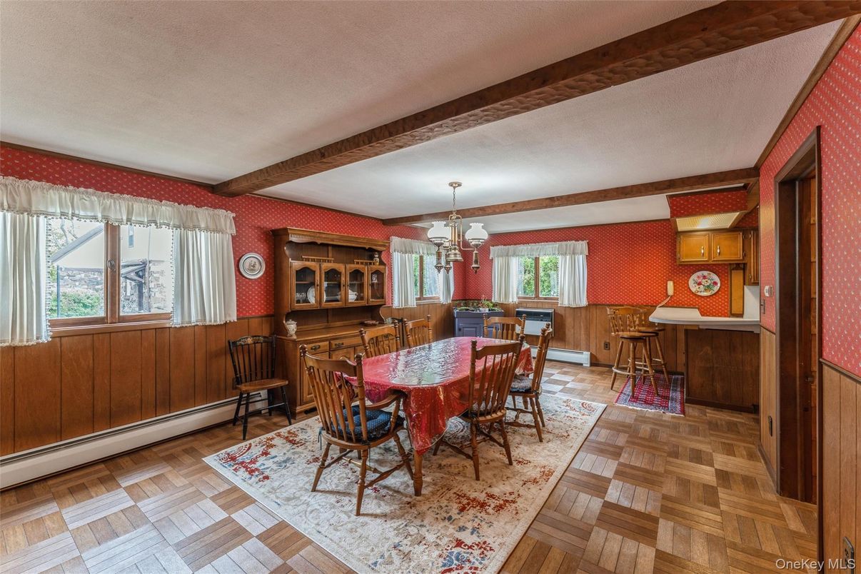 Chandelier, Dining room, Interior, Pendant Lights, Wooden Beams, Wood Texture Flooring