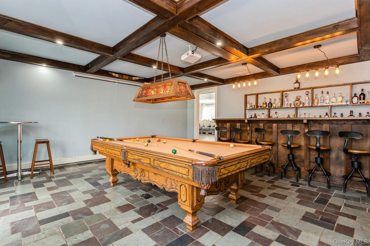 Billiard Table, Game Room, Interior, Pendant Lights, Recessed Lighting, Wooden Beams