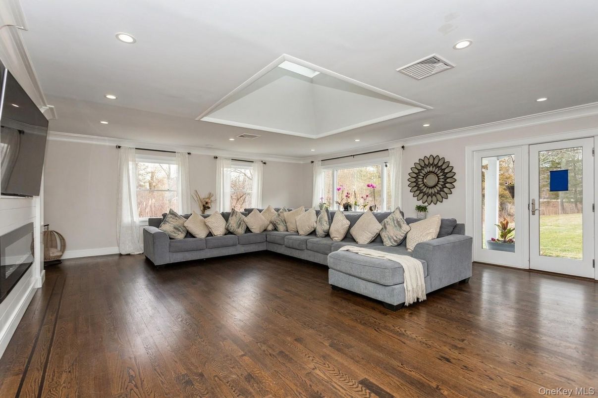 Fireplace, Interior, Living room, Recessed Lighting, Wood Texture Flooring