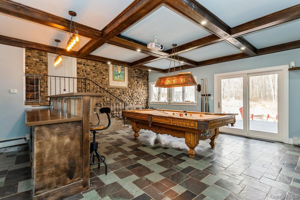 Billiard Table, Game Room, Interior, Pendant Lights, Recessed Lighting, Stone Walls, Wooden Beams