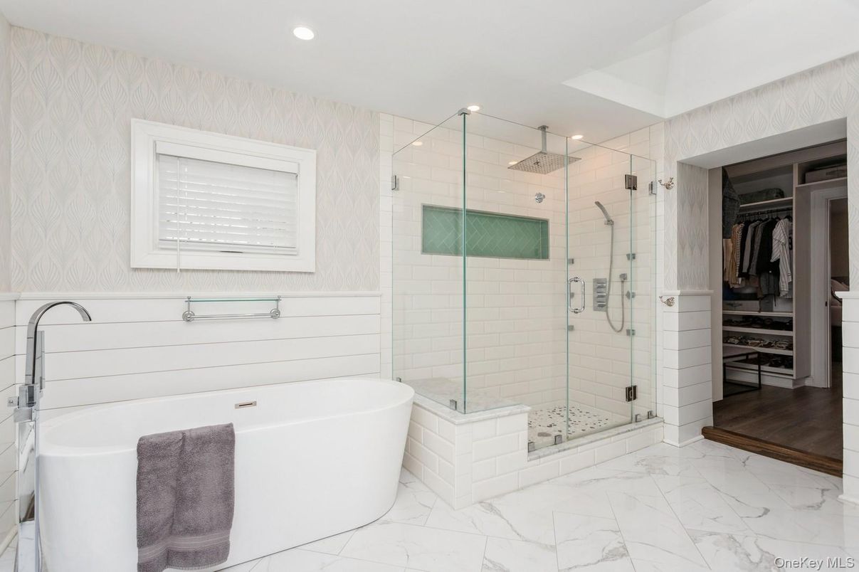 Bathroom, Free Standing Baths, Glass Shower, Interior, Marble, Recessed Lighting