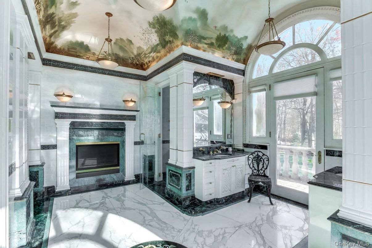 Bathroom, Fireplace, Interior, Marble, Pendant Lights