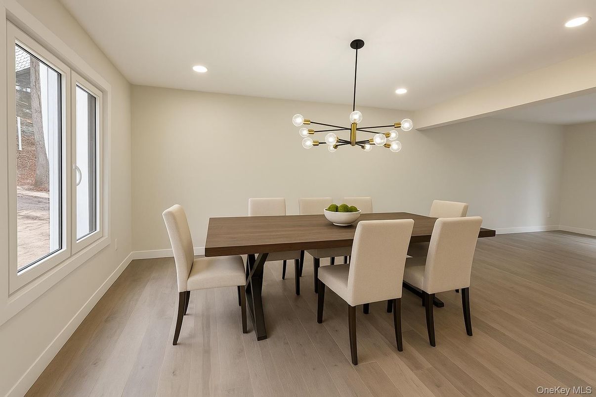 Dining room, Interior, Pendant Lights, Recessed Lighting, Wood Texture Flooring