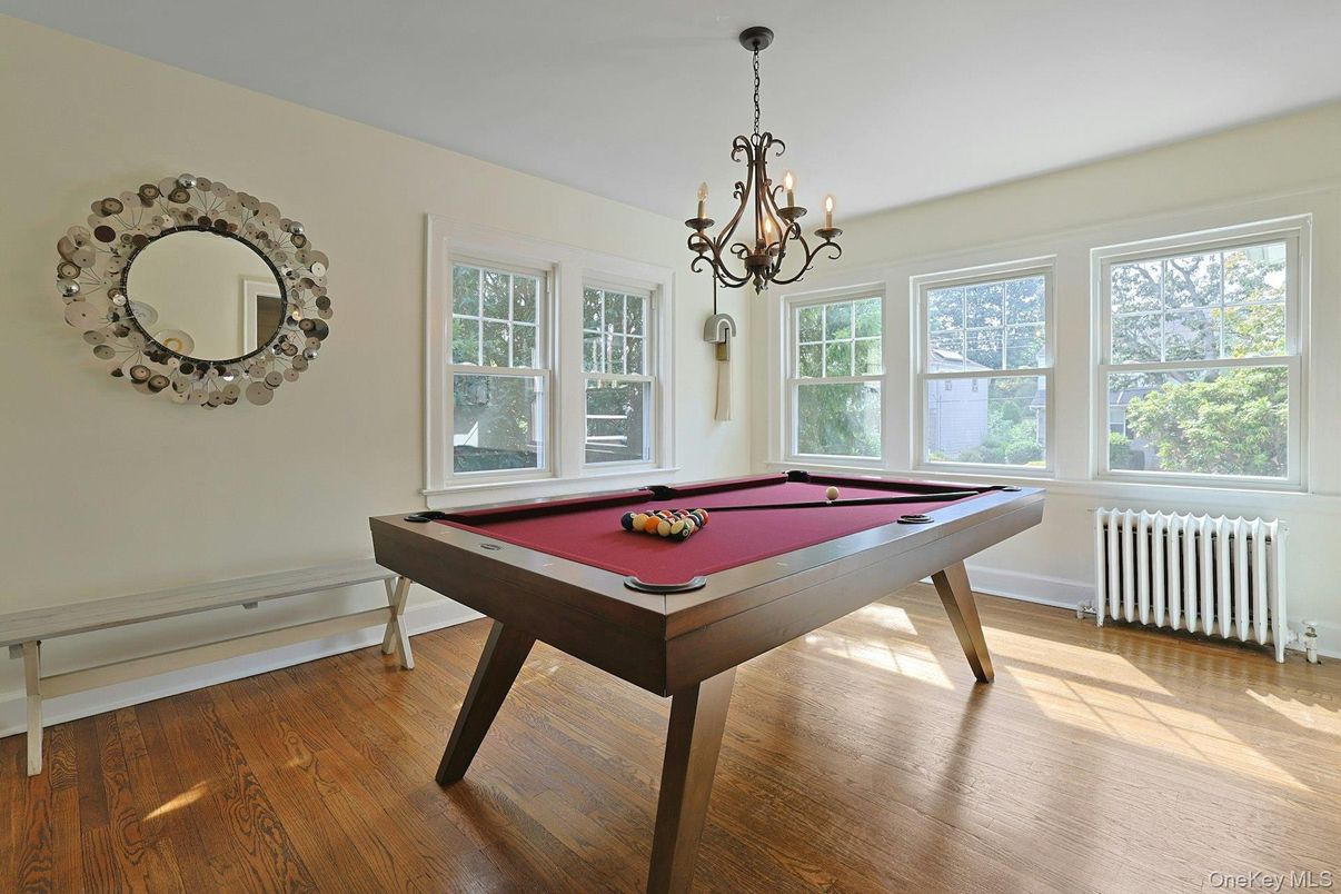 Billiard Table, Chandelier, Game Room, Interior, Wood Texture Flooring