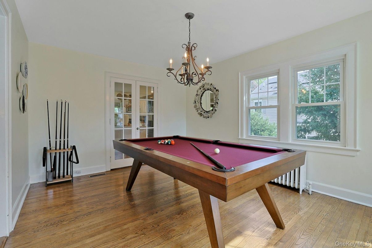 Billiard Table, Chandelier, Game Room, Interior, Wood Texture Flooring