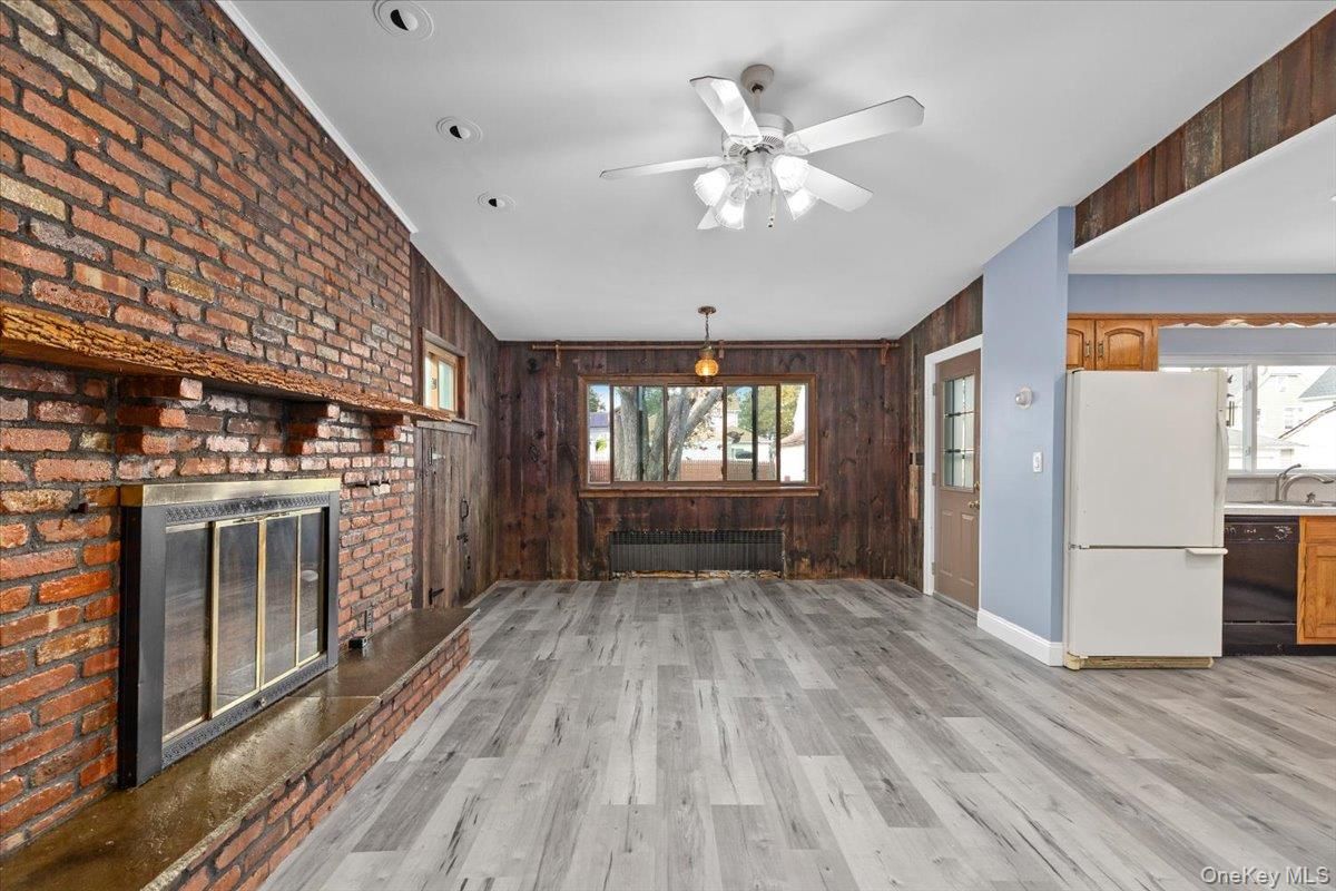 Empty room, Fireplace, Interior, Kitchen, Stone Walls, Wood Texture Flooring, Wooden Walls