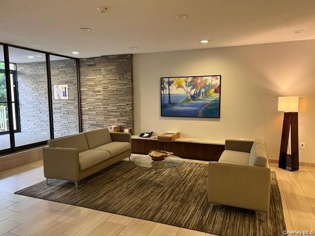 Interior, Living room, Recessed Lighting, Stone Walls, Wood Texture Flooring