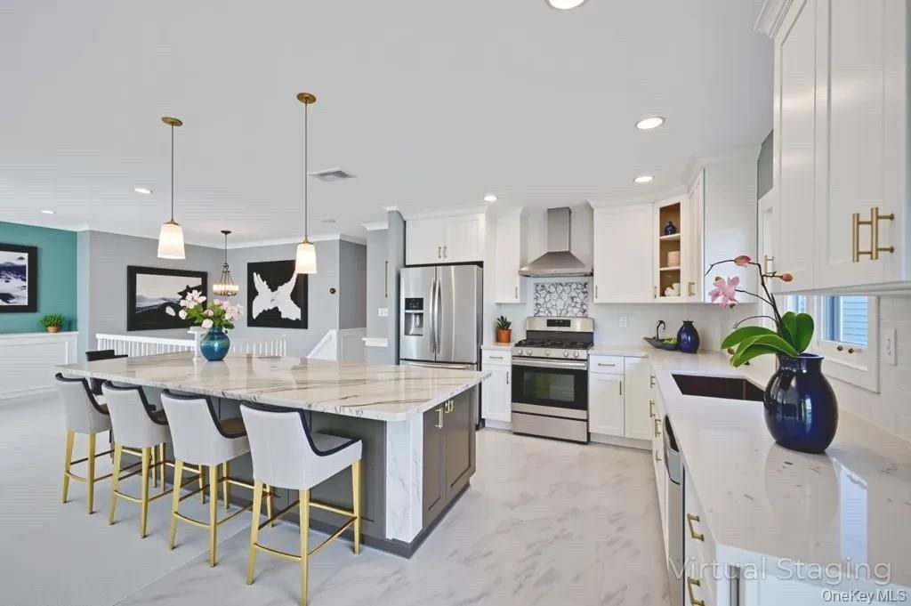 Interior, Kitchen, Marble, Pendant Lights, Recessed Lighting, Stainless Steel Appliances