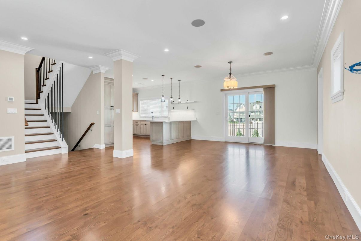 Empty room, Interior, Kitchen, Pendant Lights, Recessed Lighting, Wood Texture Flooring