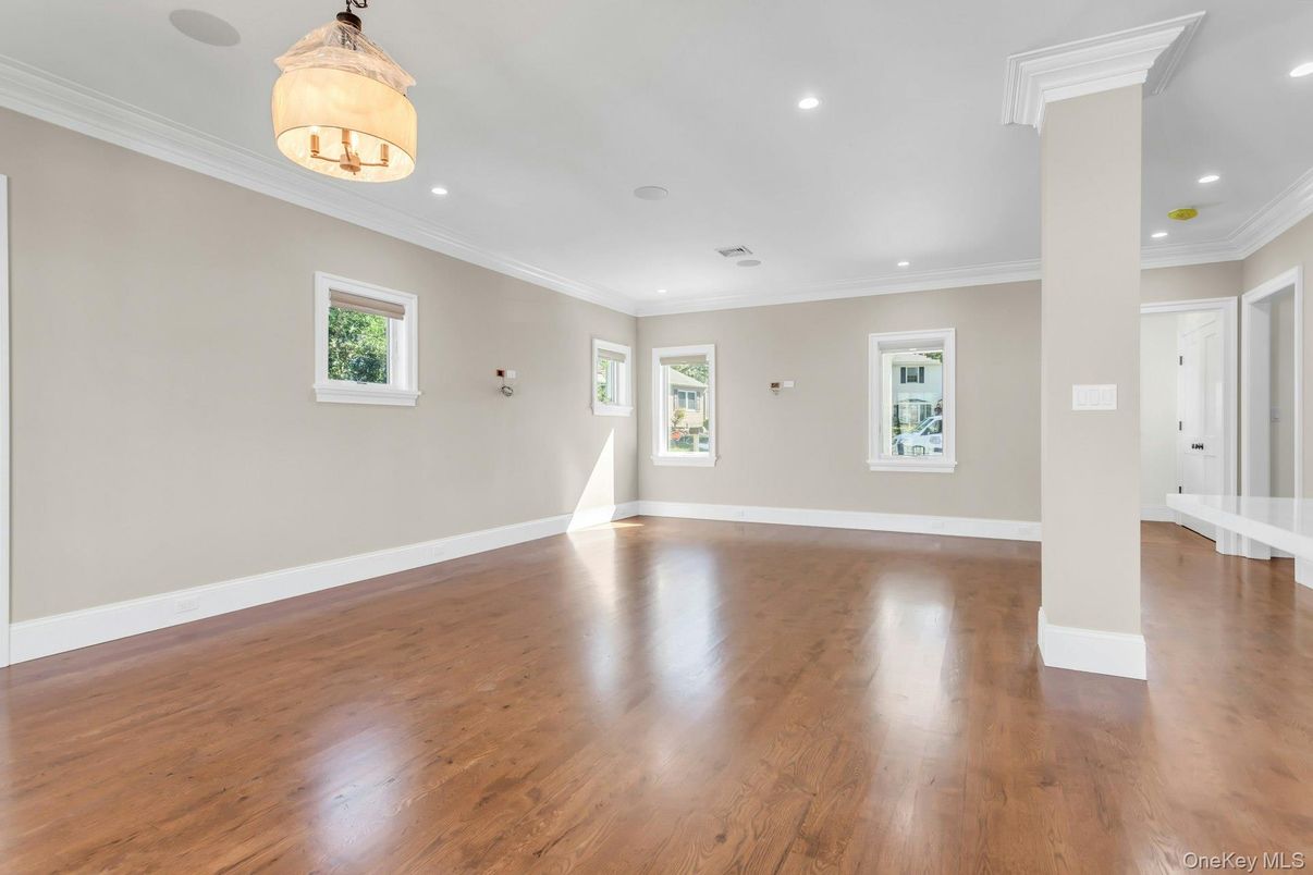 Chandelier, Empty room, Interior, Recessed Lighting, Wood Texture Flooring