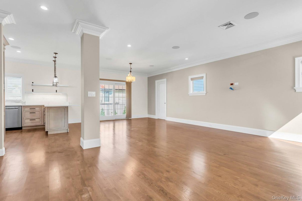 Empty room, Interior, Kitchen, Pendant Lights, Recessed Lighting, Wood Texture Flooring