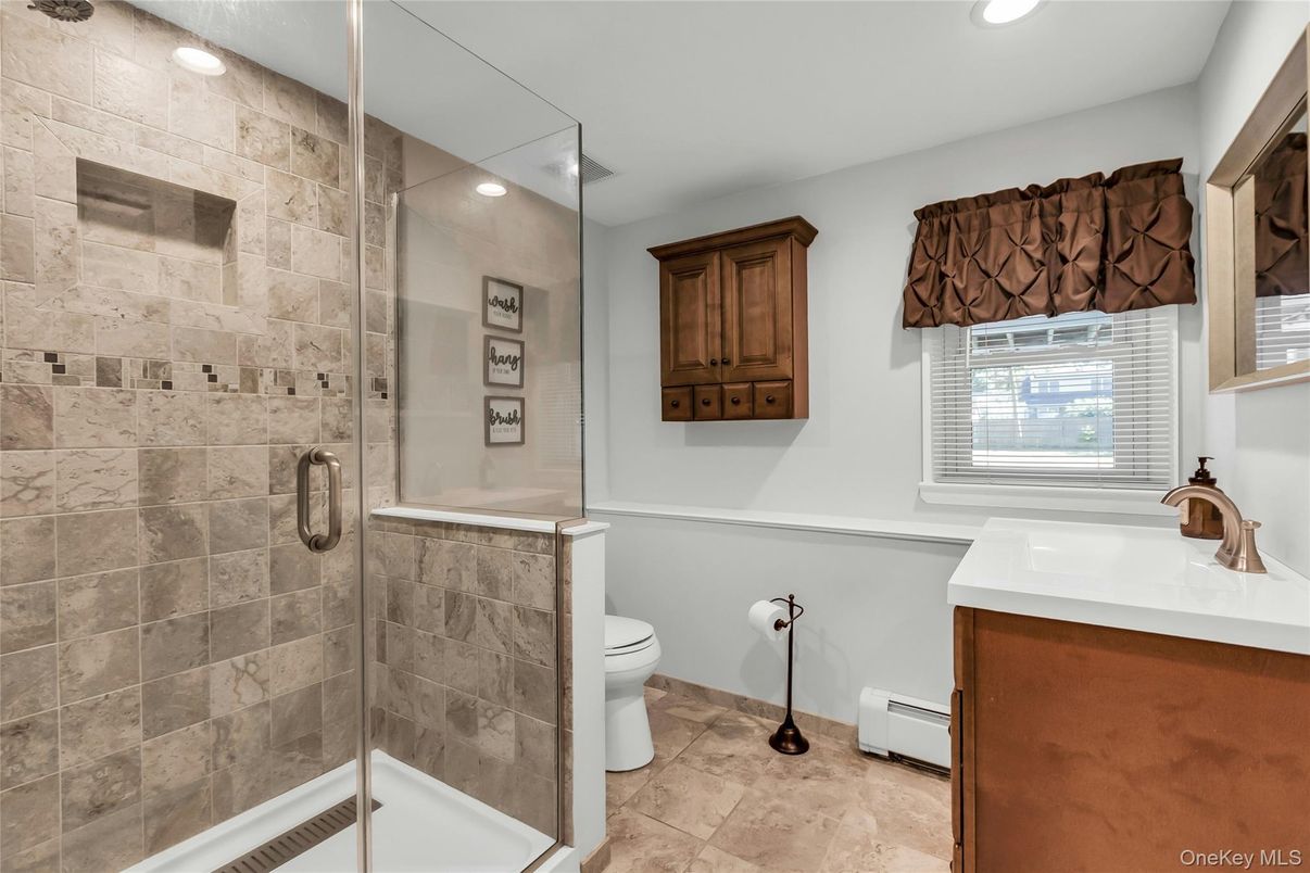 Bathroom, Glass Shower, Interior, Recessed Lighting, Stone Walls