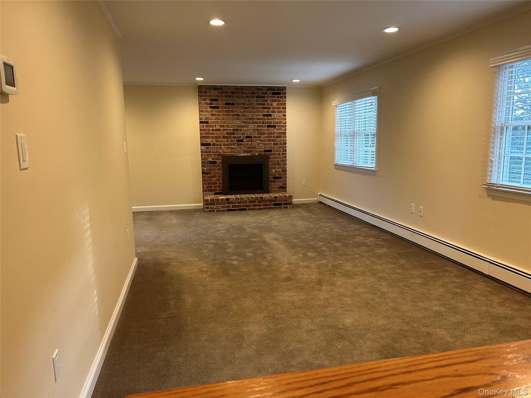 Empty room, Fireplace, Interior, Recessed Lighting, Stone Walls