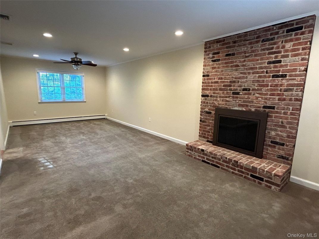 Empty room, Fireplace, Interior, Recessed Lighting, Stone Walls