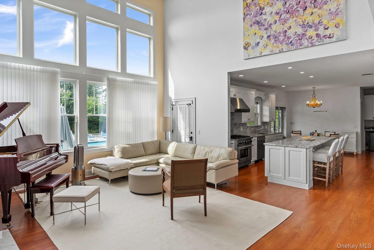 Chandelier, Dining room, Fireplace, Interior, Kitchen, Living room, Piano, Recessed Lighting, Wood Texture Flooring