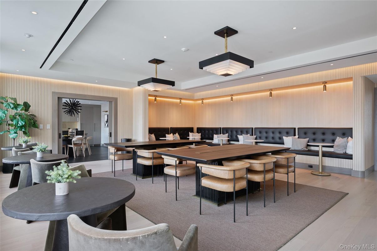 Dining room, Interior, Pendant Lights, Recessed Lighting, Wood Texture Flooring