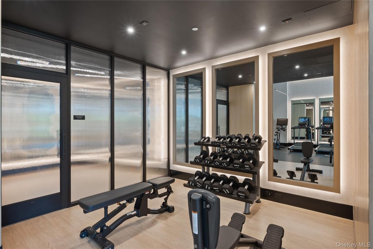 Fitness Equipment, Gym, Interior, Recessed Lighting, Wood Texture Flooring