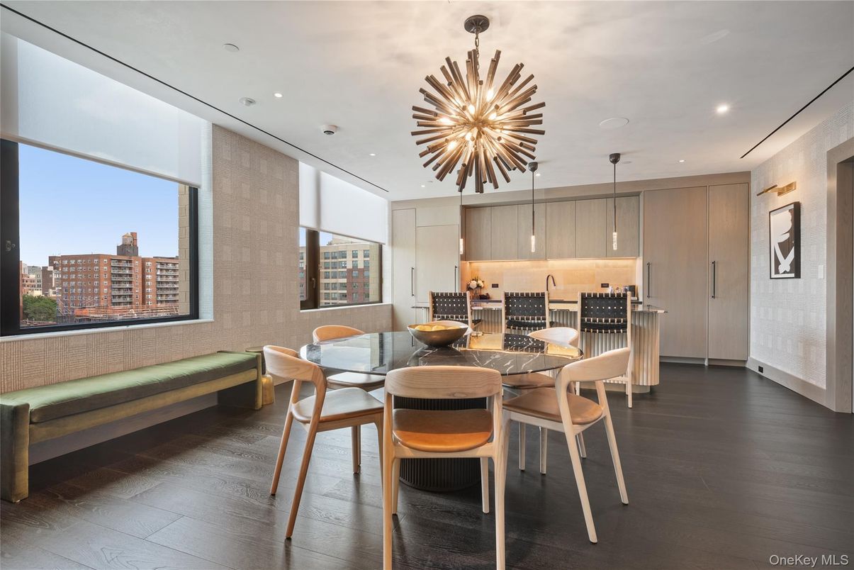 Dining room, Interior, Pendant Lights, Recessed Lighting, Wood Texture Flooring