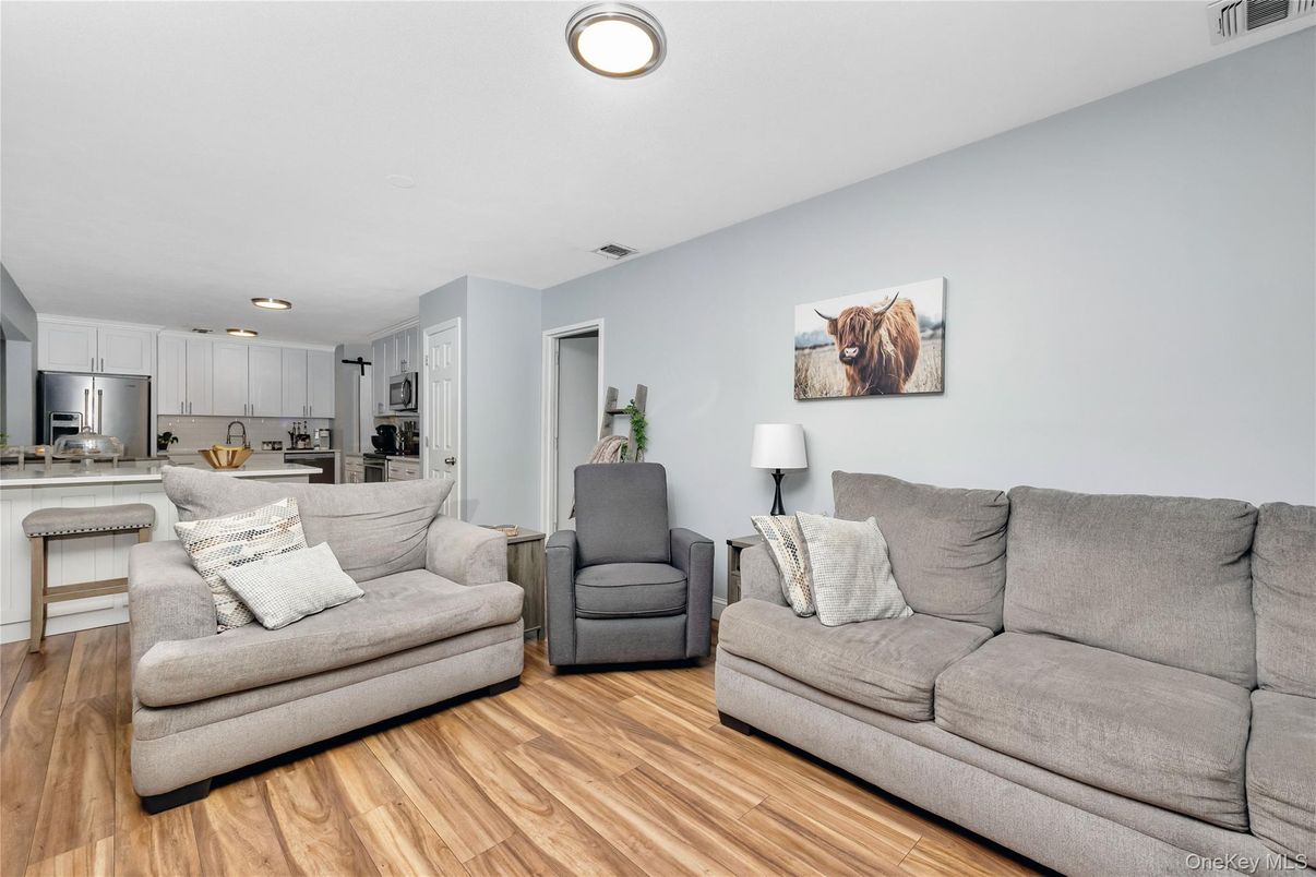 Interior, Kitchen, Living room, Recessed Lighting, Stainless Steel Appliances, Wood Texture Flooring