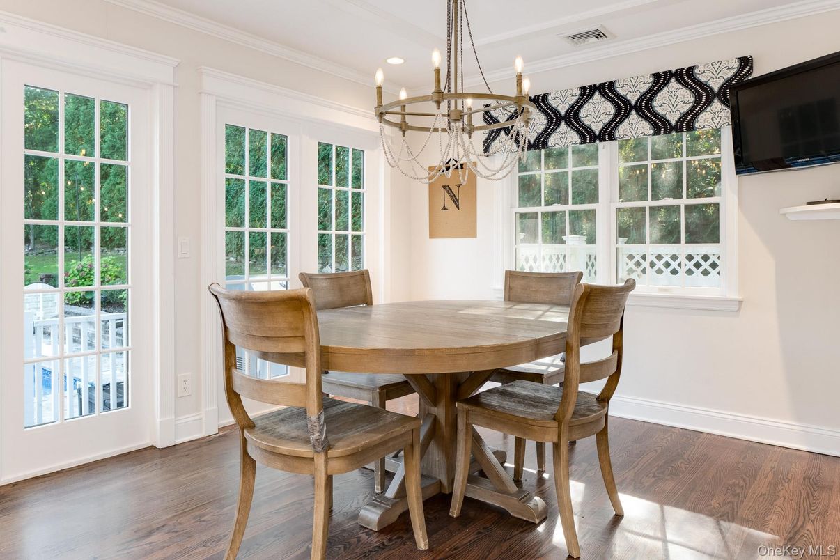 Chandelier, Dining room, Interior, Wood Texture Flooring