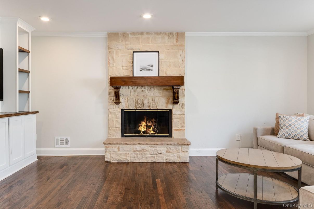 Fireplace, Interior, Recessed Lighting, Stone Walls, Wood Texture Flooring