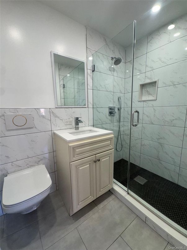 Bathroom, Glass Shower, Interior, Marble Walls, Recessed Lighting