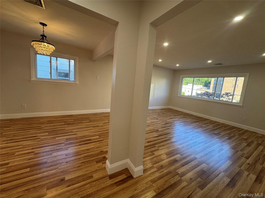 Chandelier, Empty room, Interior, Recessed Lighting, Wood Texture Flooring
