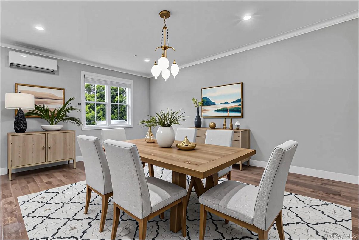 Dining room, Interior, Pendant Lights, Recessed Lighting, Wood Texture Flooring