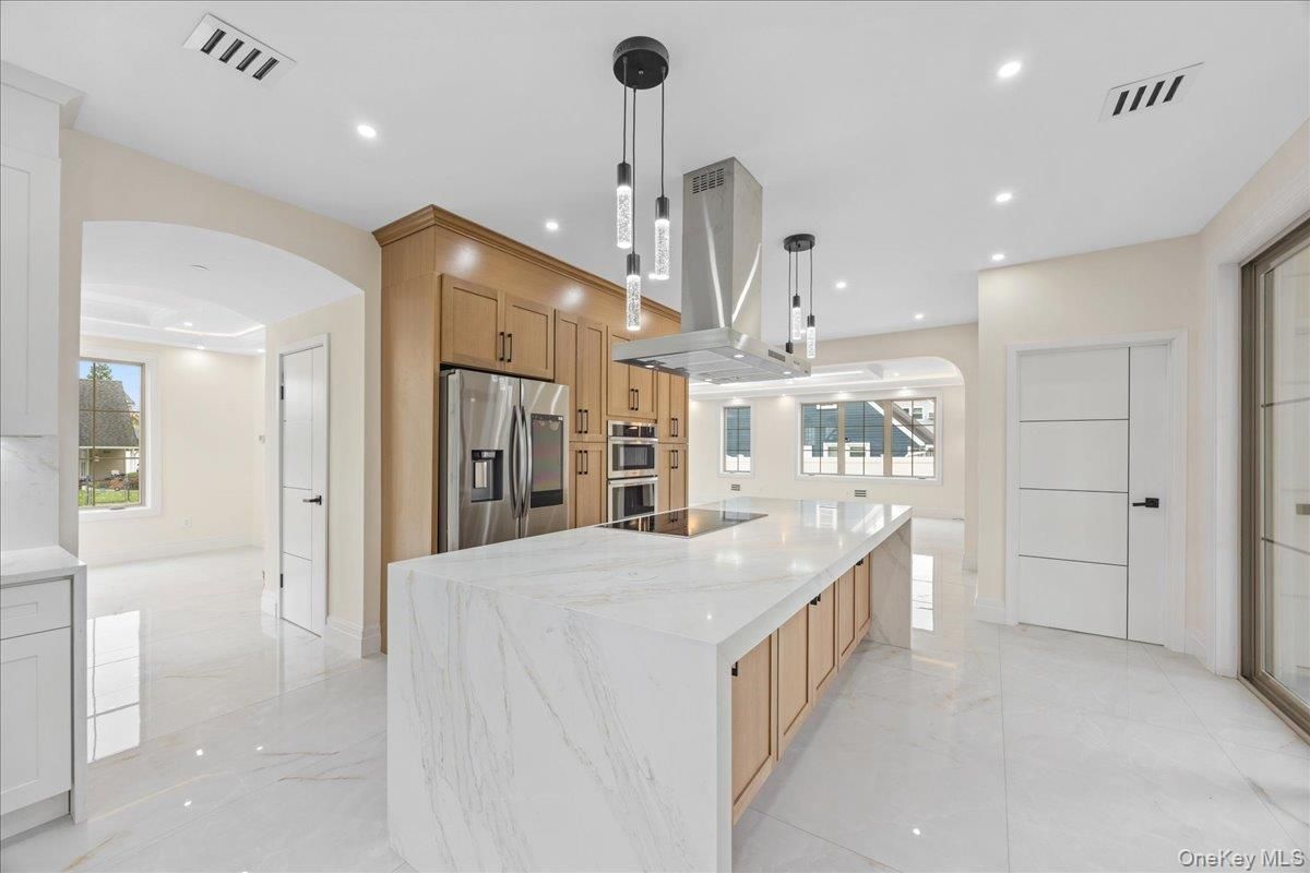 Interior, Kitchen, Marble, Pendant Lights, Recessed Lighting, Stainless Steel Appliances