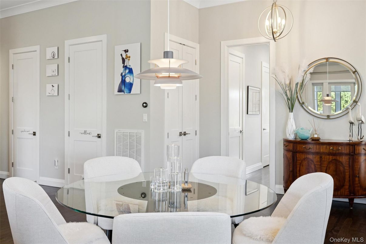 Dining room, Interior, Pendant Lights, Wood Texture Flooring