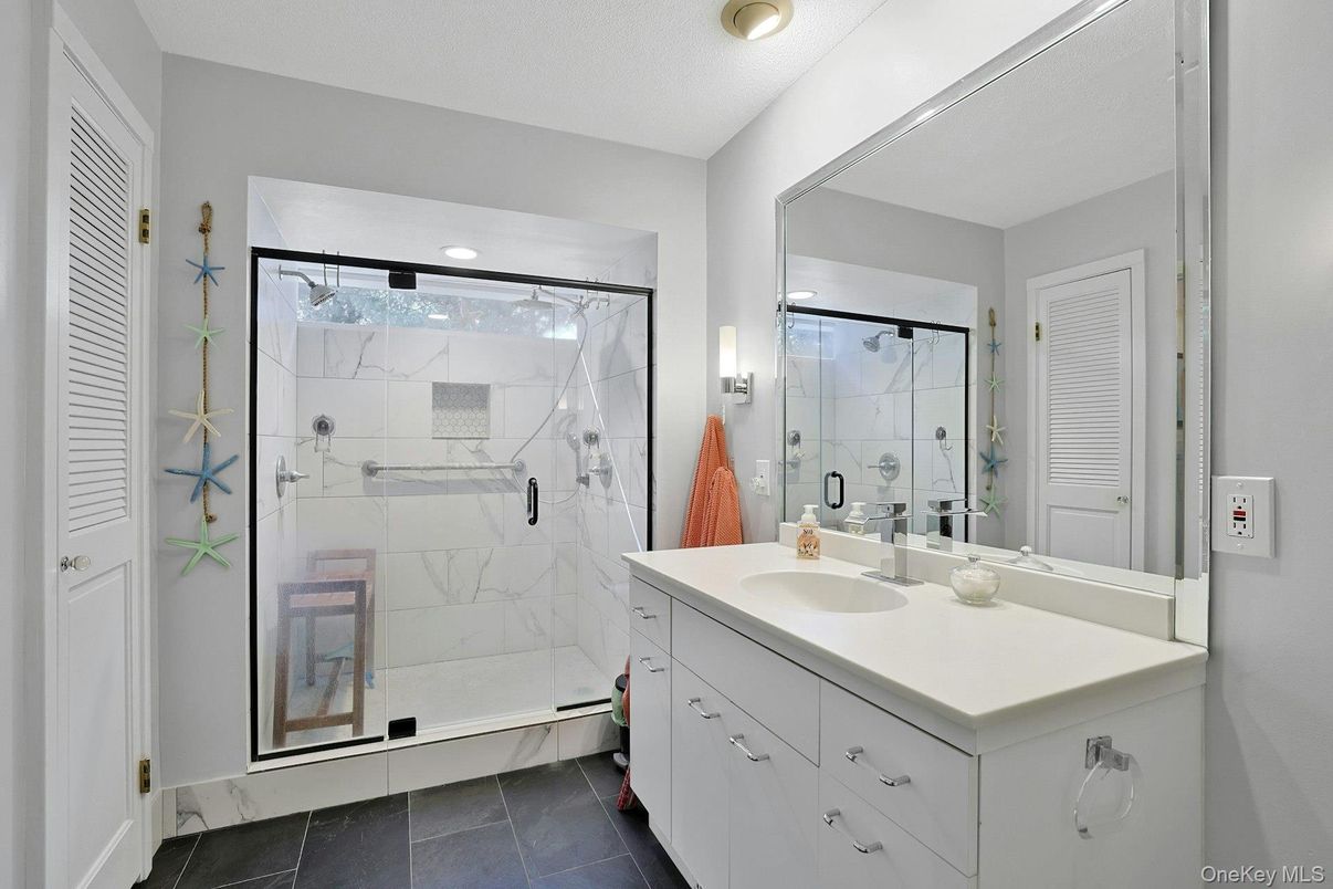 Bathroom, Glass Shower, Interior, Marble Walls, Recessed Lighting