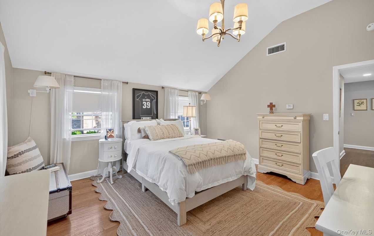 Bedroom, Chandelier, Interior, Recessed Lighting, Wood Texture Flooring