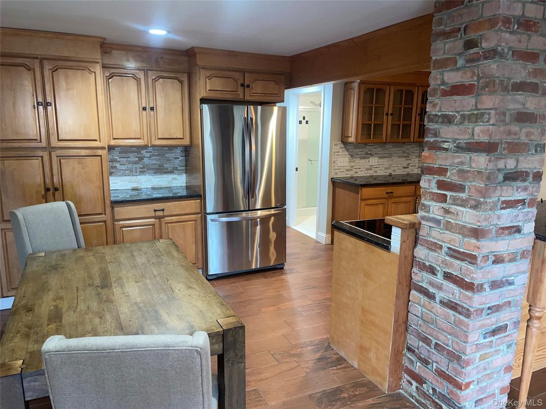 Interior, Kitchen, Recessed Lighting, Stainless Steel Appliances, Stone Walls, Wood Texture Flooring