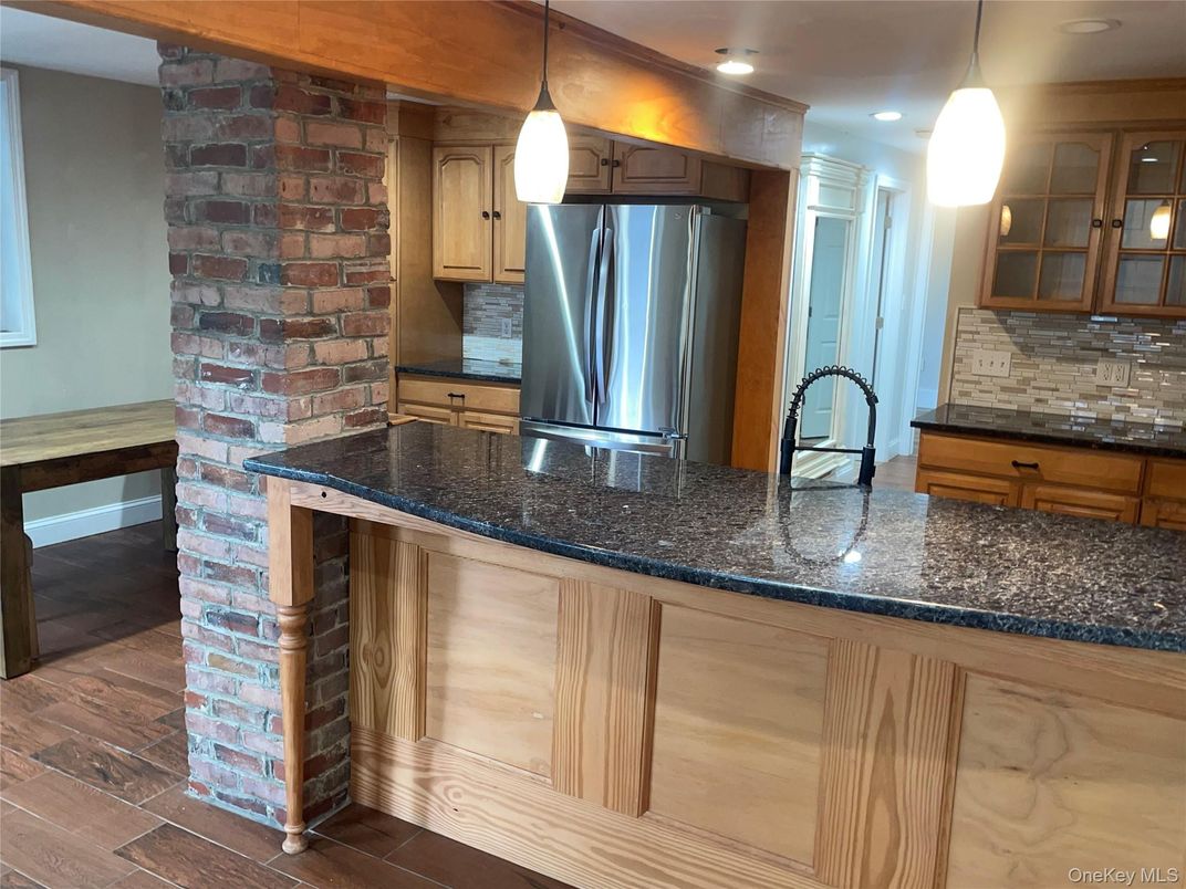 Interior, Kitchen, Pendant Lights, Recessed Lighting, Stainless Steel Appliances, Stone Walls, Wood Texture Flooring