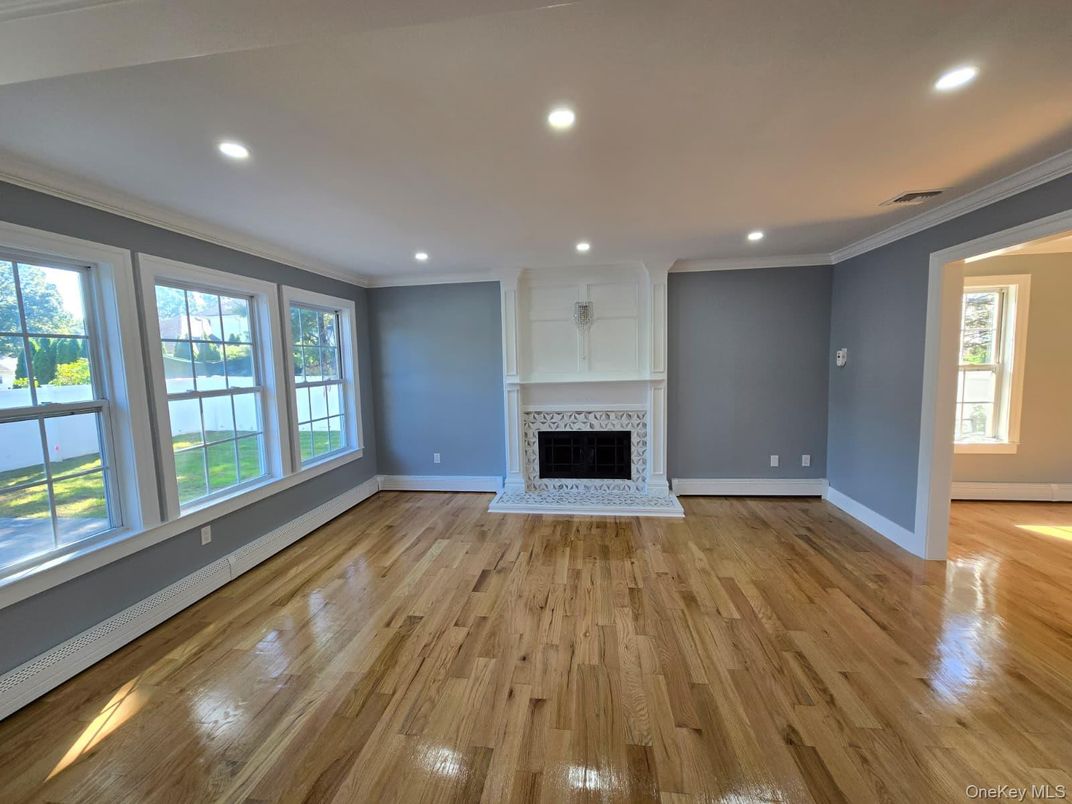 Empty room, Fireplace, Interior, Recessed Lighting, Wood Texture Flooring