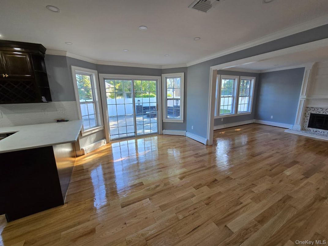 Empty room, Fireplace, Interior, Recessed Lighting, Wood Texture Flooring