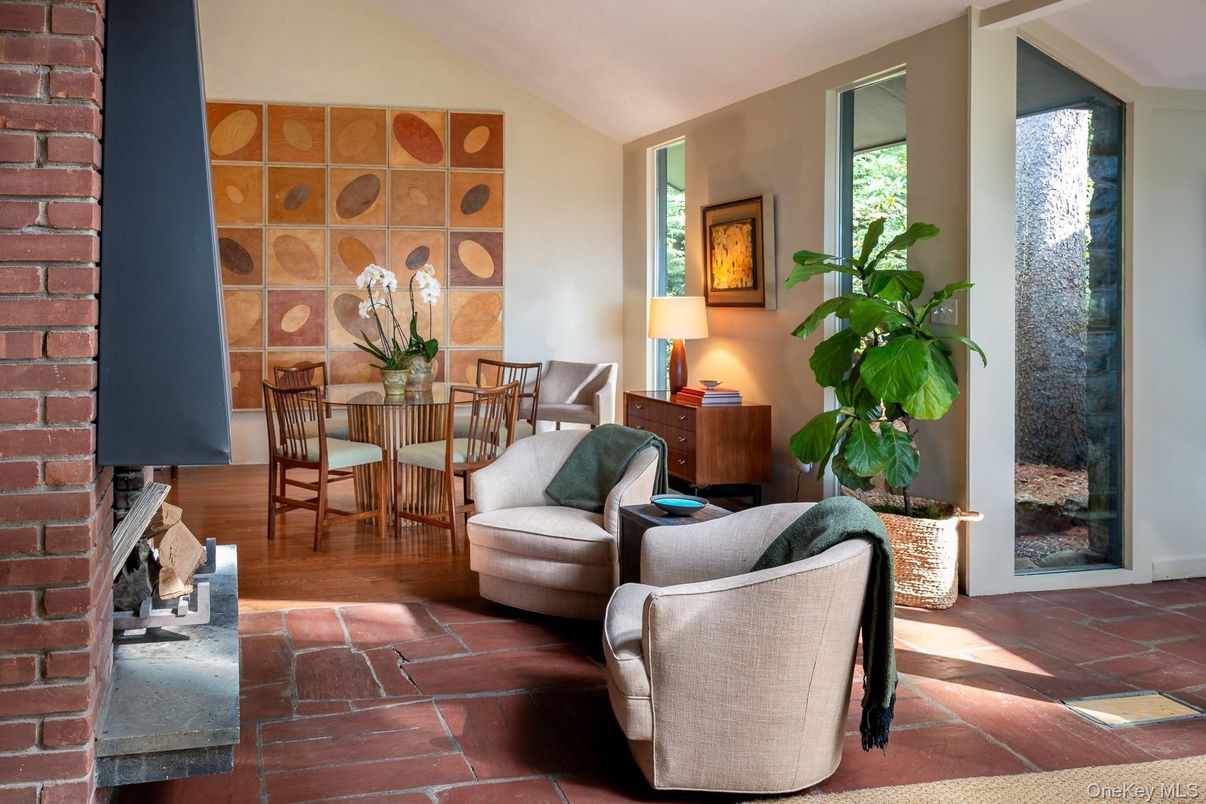 Dining room, Fireplace, Interior, Stone Walls, Wood Texture Flooring
