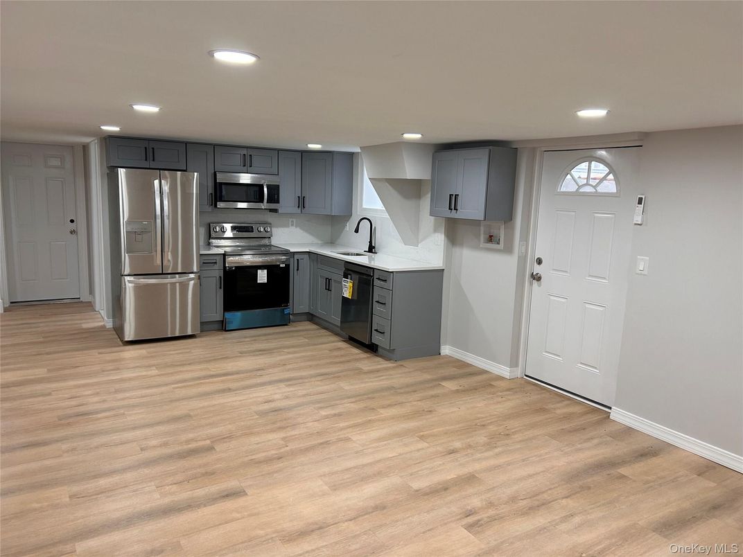 Interior, Kitchen, Recessed Lighting, Stainless Steel Appliances, Wood Texture Flooring