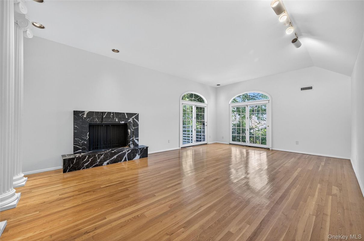 Empty room, Fireplace, Interior, Recessed Lighting, Wood Texture Flooring