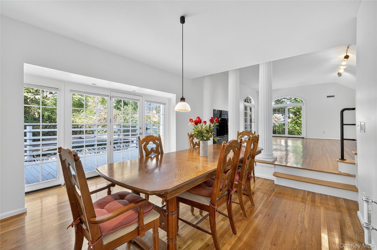 Dining room, Interior, Pendant Lights, Wood Texture Flooring