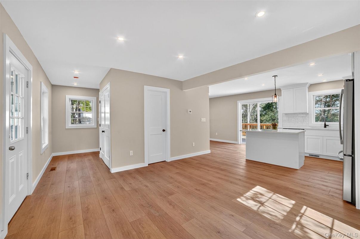 Empty room, Interior, Kitchen, Pendant Lights, Recessed Lighting, Wood Texture Flooring