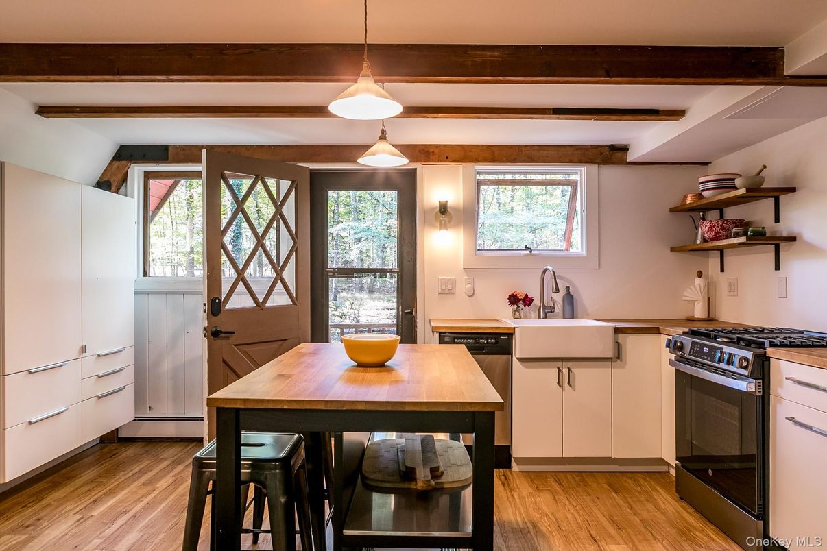Interior, Kitchen, Pendant Lights, Wooden Beams, Wood Texture Flooring