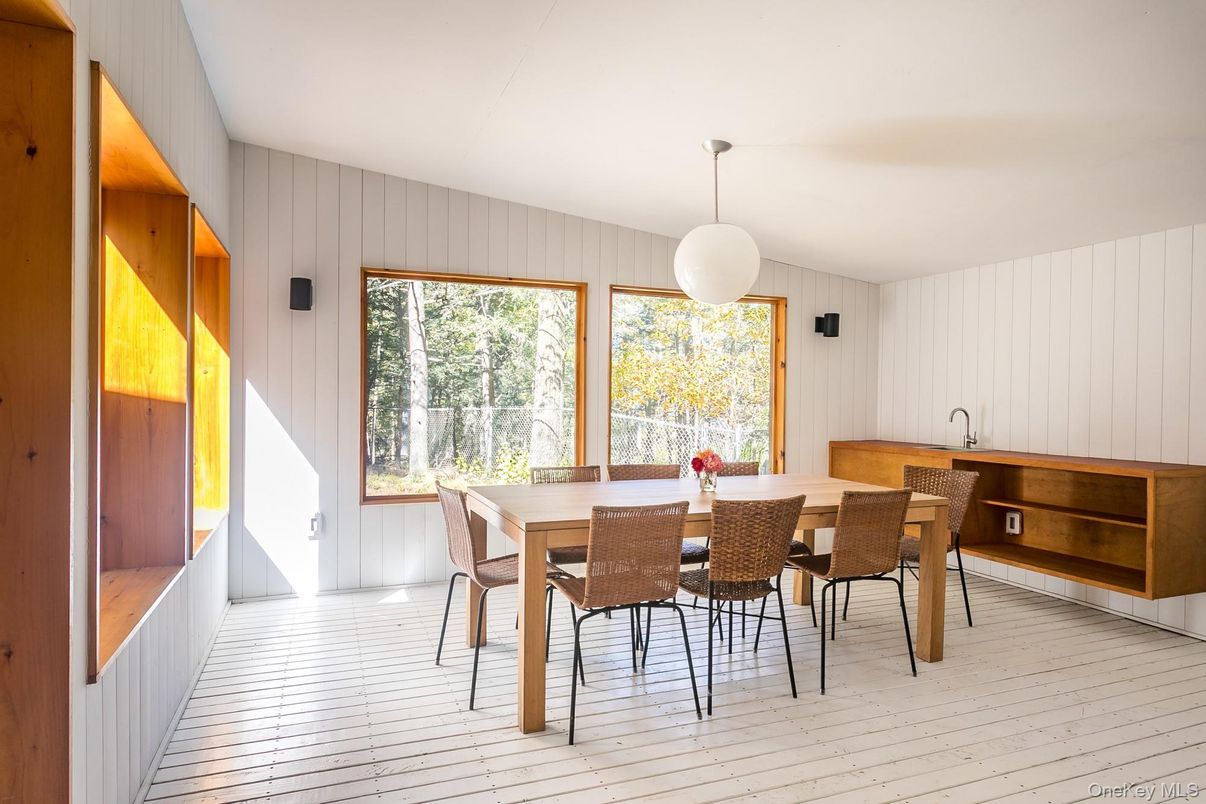 Dining room, Interior, Pendant Lights, Wood Texture Flooring