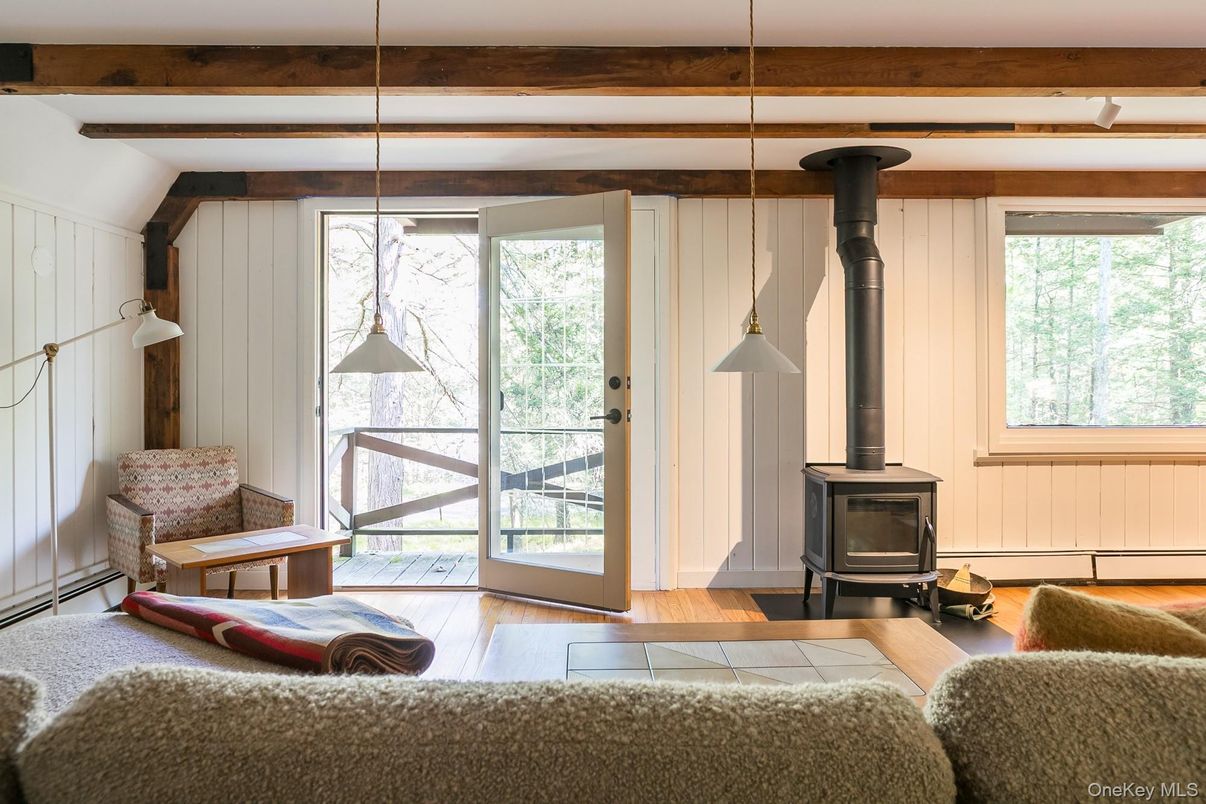 Fireplace, Interior, Living room, Pendant Lights, Wooden Beams, Wood Texture Flooring
