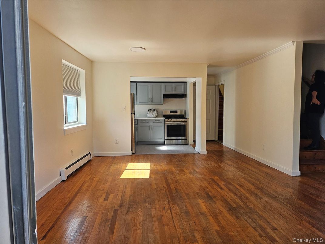 Empty room, Interior, Kitchen, Stainless Steel Appliances, Wood Texture Flooring