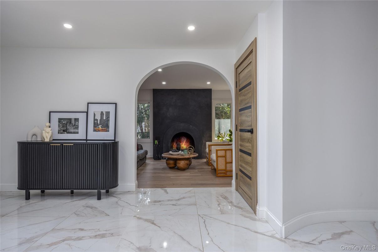 Fireplace, Interior, Living room, Marble, Recessed Lighting